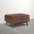 SIMPLIHOME Owen Small Coffee Table Storage Ottoman - 34 inch Wide Upholstered Vegan Leather Rectangle Ottoman in Distressed Pecan Brown, Mid-Century Modern Ottoman for Entryway with Serving Trays