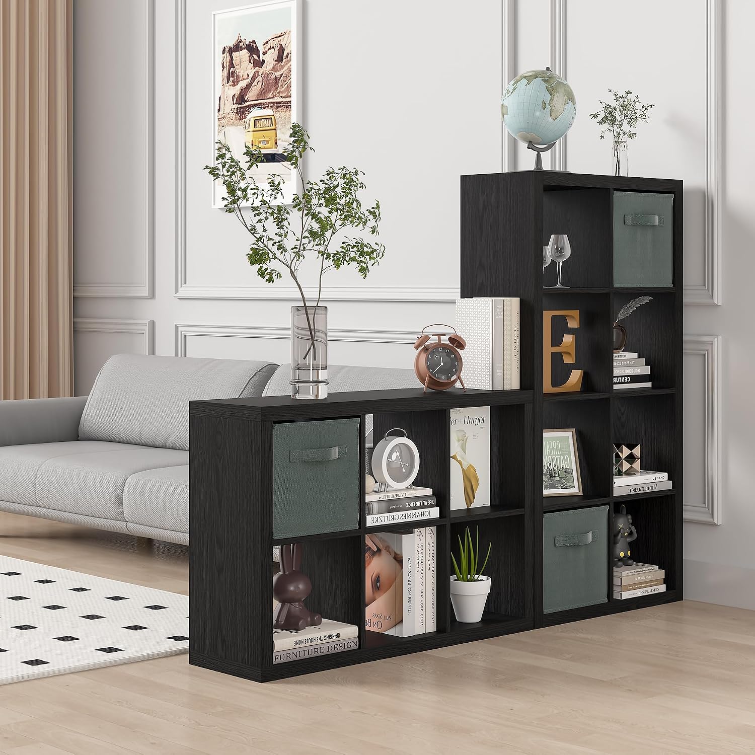 furtble Bookshelf with Storage Bins, 8-Cube Storage Organizer, Modern Black Bookshelf for Bedroom, Multifunctional Display Cube Bookshelves for Living Room, Bedroom, Home Office