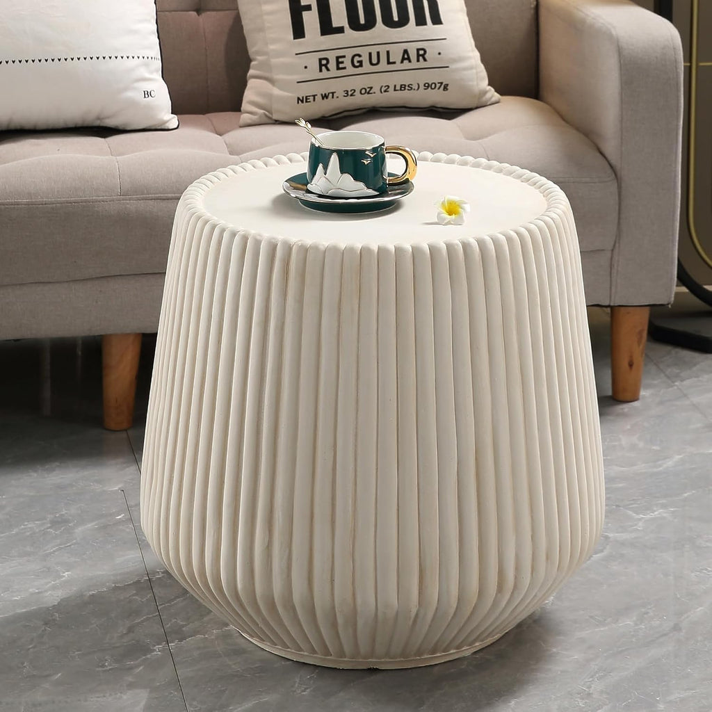 Off-White MGO Round Coffee Table for Indoors and Outdoors, 19.69' Mid-Century Modern Magnesium Oxide Fluted Drum Coffee Table, Circle Cocktail Tea Table for Living Room, No Assemble