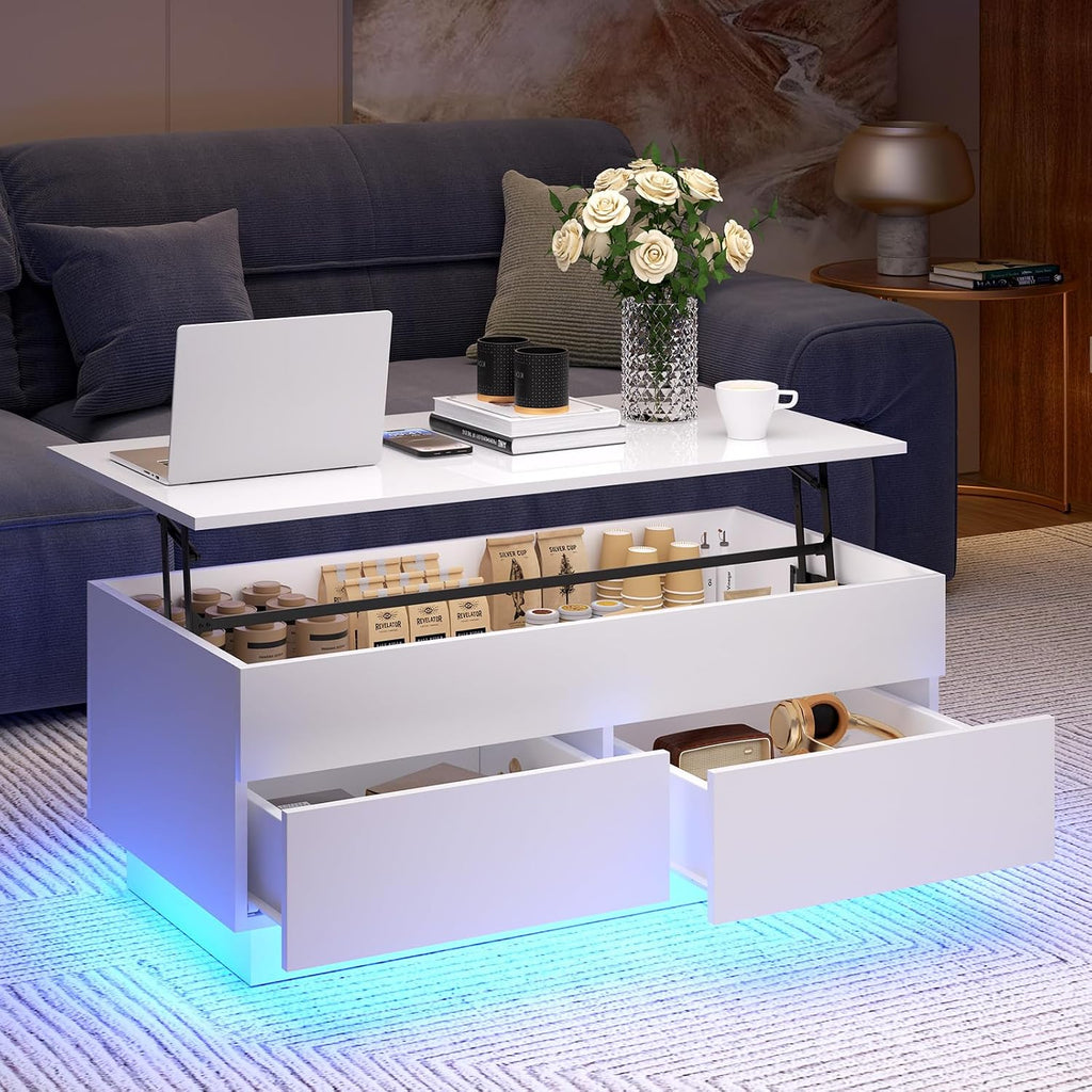 HOMMPA 40'' Lift Top Coffee Table for Living Room, White Coffee Tables with Storage, LED Modern Coffee Table Rectangular White Gloss, Flip Top Center Table with 2 Drawers and Hidden Compartment