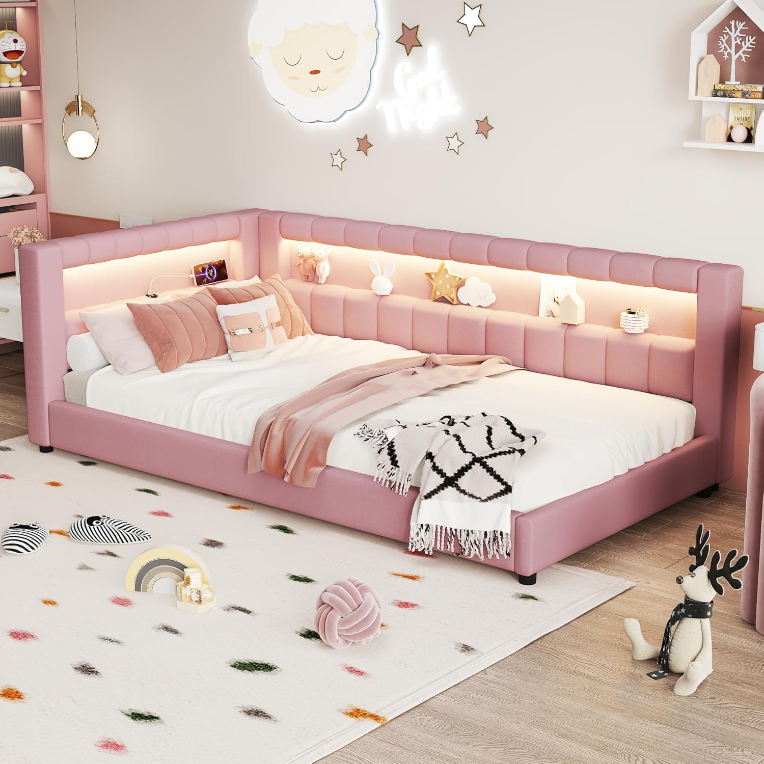 Upholstered Twin XL Size Daybed with LED and USB Ports, L-Shaped Corner Day Bed with Storage Shelves Headboard,Space Saving for Girls Adults Kids Boys, Pink