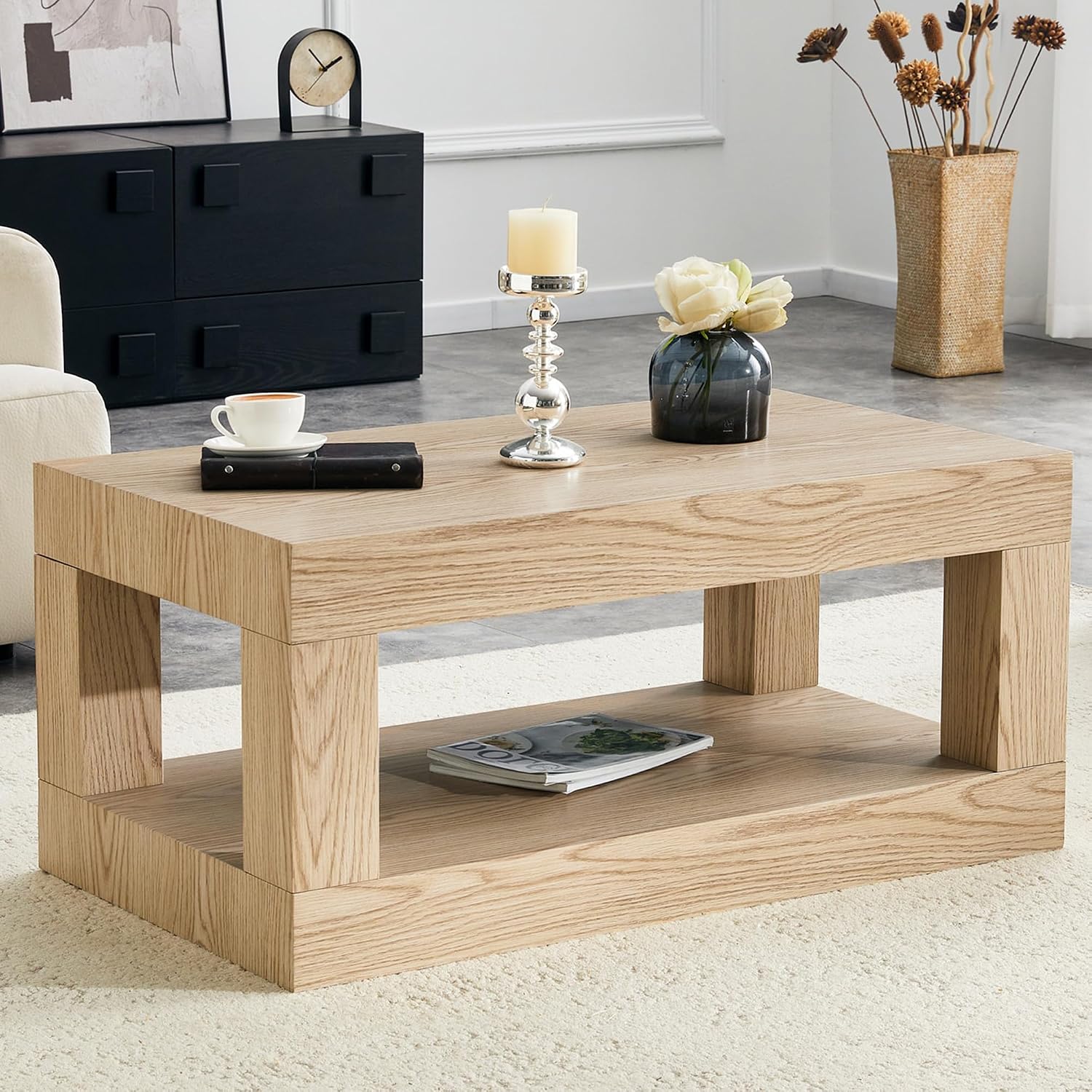 39.4' Coffee Table with Storage, 2-Tier Wood Coffee Table with 4' Thick Tabletop, Mid Century Modern Cocktail Center Tea Tables with Bottom Shelf for Living Room, Office, Apartment,Light Wood
