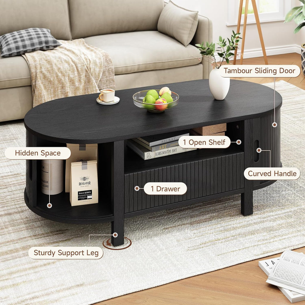 ONBRILL 47.2 Inch Oval Coffee Table with Storage, Mid Century Modern Coffee Table with Drawer, Center Table with Sliding Door and Wood Fluted Handle for Living Room, Black