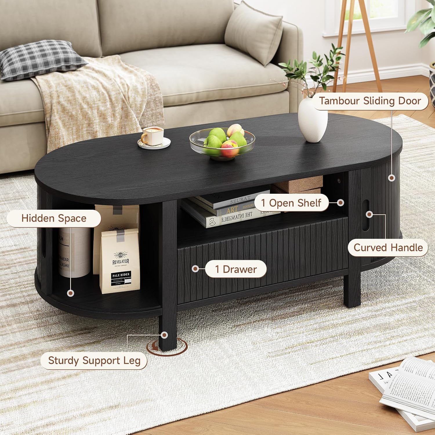 ONBRILL 47.2 Inch Oval Coffee Table with Storage, Mid Century Modern Coffee Table with Drawer, Center Table with Sliding Door and Wood Fluted Handle for Living Room, Black