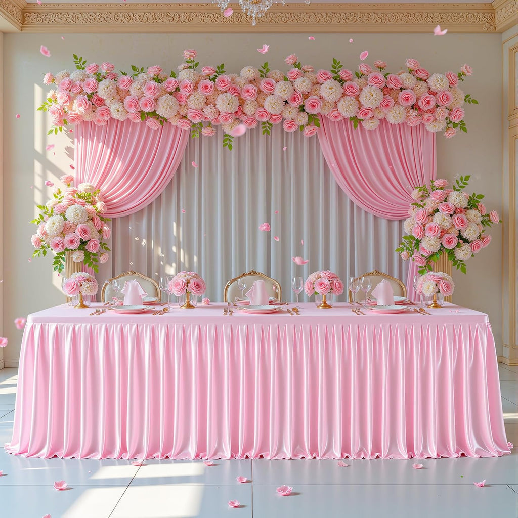 6 Pack 6FT Pink Satin Tablecloths for Rectangle Tables - Shiny Spandex Party Table Cover with Pleated Table Skirt, No-Wrinkle & Glossy Wedding Tablecloth One-Piece for Birthday Baby Shower Ceremony