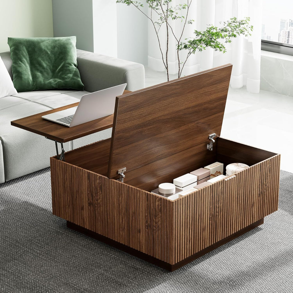 Epecoya Lift Top Coffee Table, Farmhouse Square Fluted Center Table, 31' Modern Wooden Tea Table with Hidden Storage for Living Room, Apartment, Small Spaces, Brown Walnut