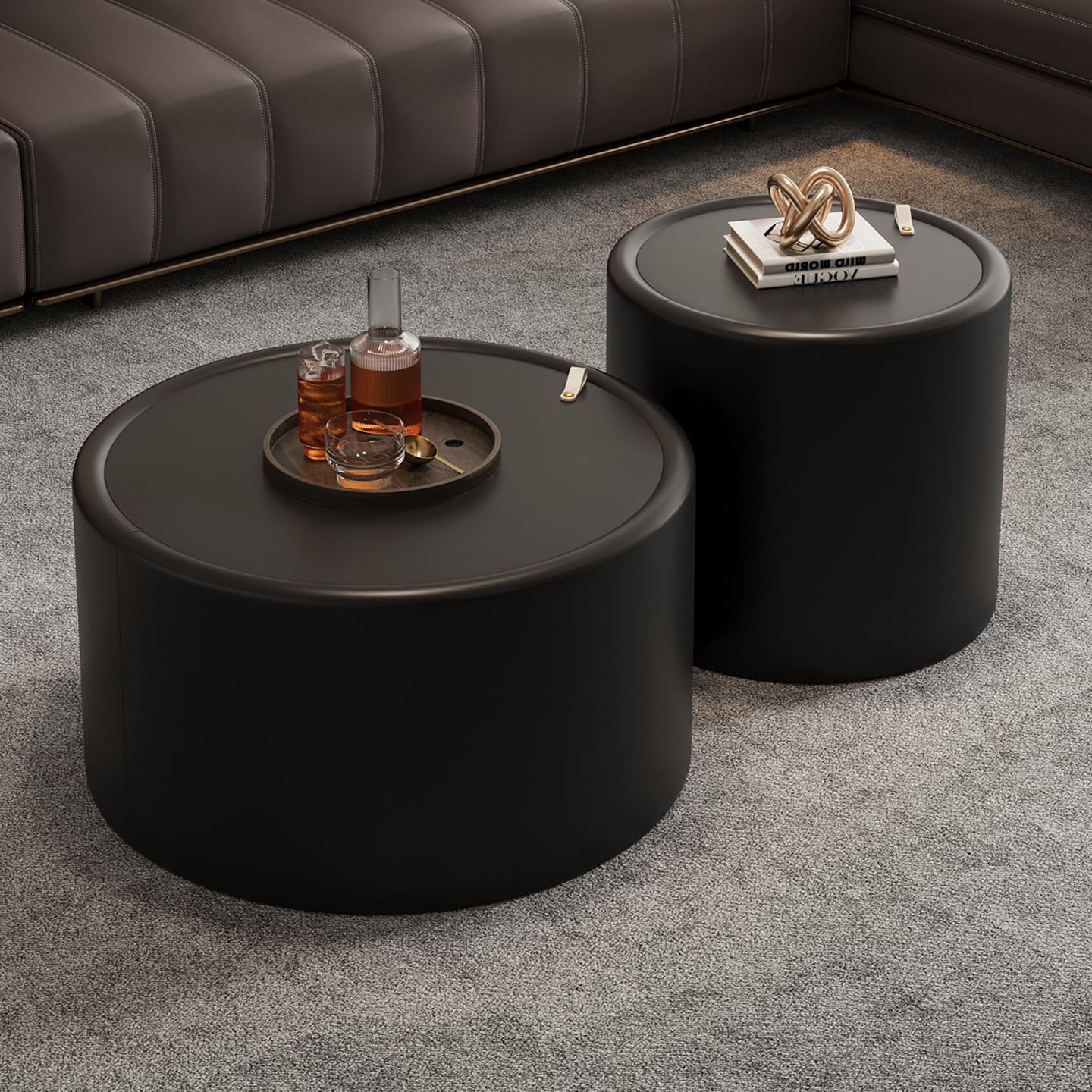 Black Round Coffee Table with Hidden Storage, 19.69' Drum Coffee Table with Tempered Glass Top and PU Leather Body, Circle Cocktail Tea Table for Living Room, No Assemble