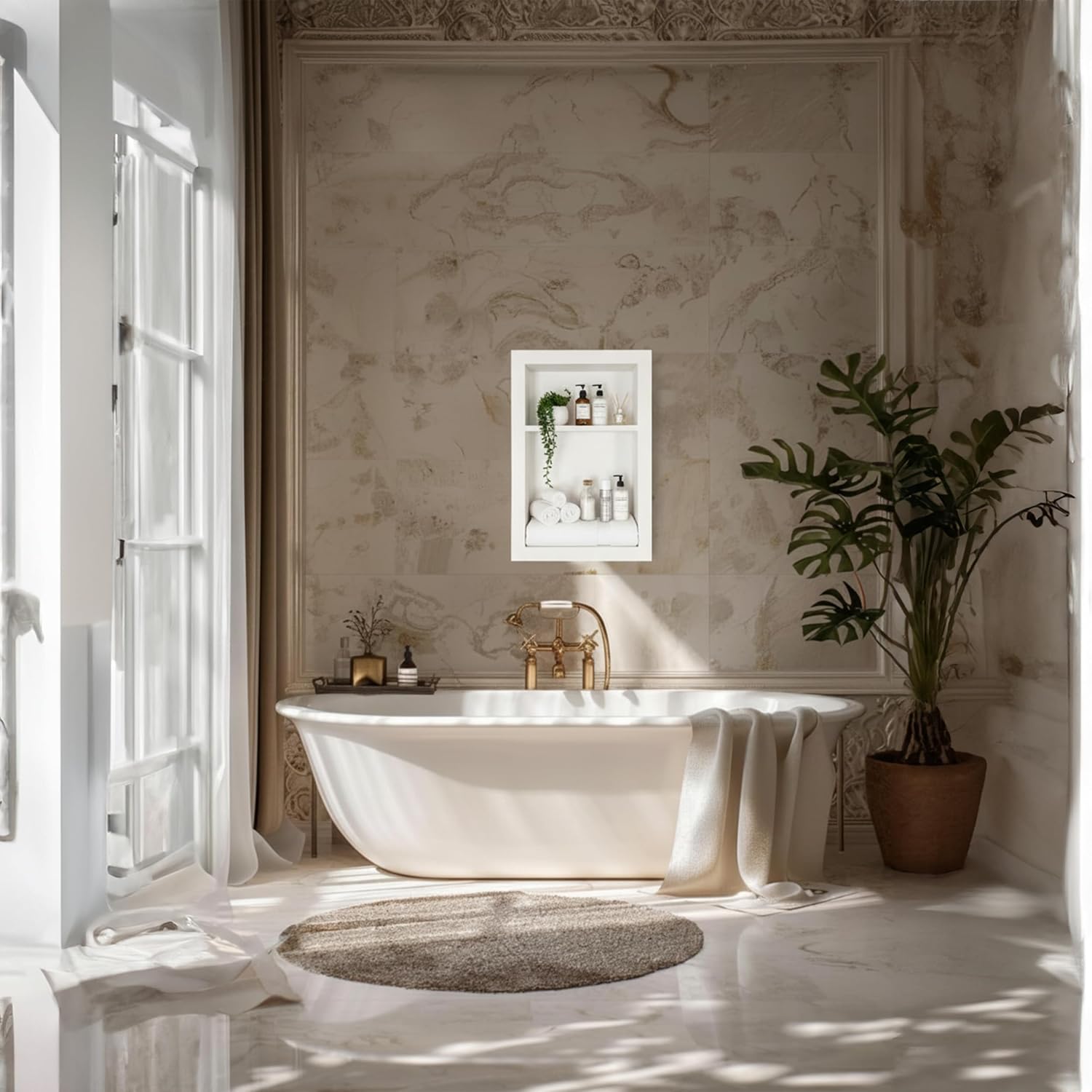 16' x 24' Luxurious Pure White Recessed Shower Wall Niche for Bathroom – Modern Marble Niche Dual Shelf for Bathroom (Pure White)