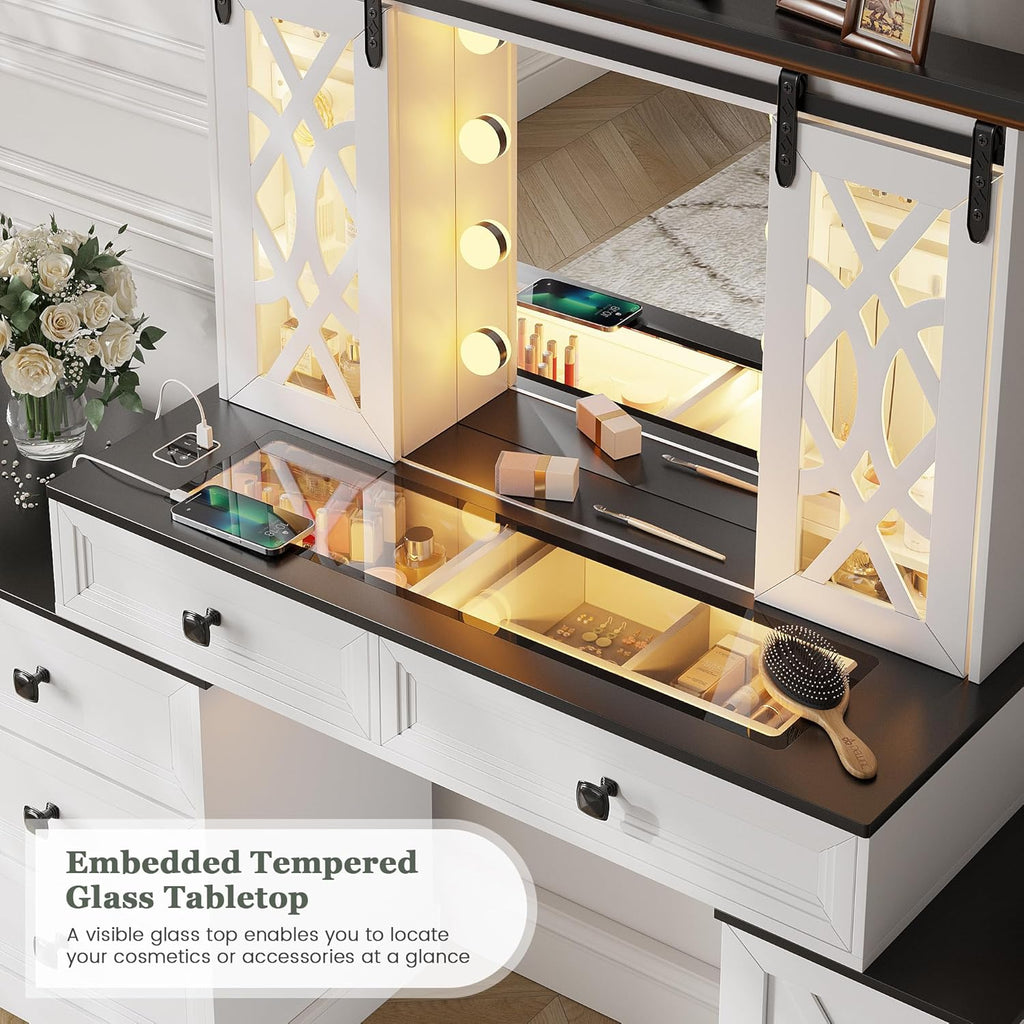 Farmhouse Makeup Vanity with Mirror & Lights, Large Vanity Desk with 5 Drawers & 9 Storage Shelves, Dressing Table with Jewelry Armoire, Vanity Gifts for Wife Girlfriends Women Lady Girl, White