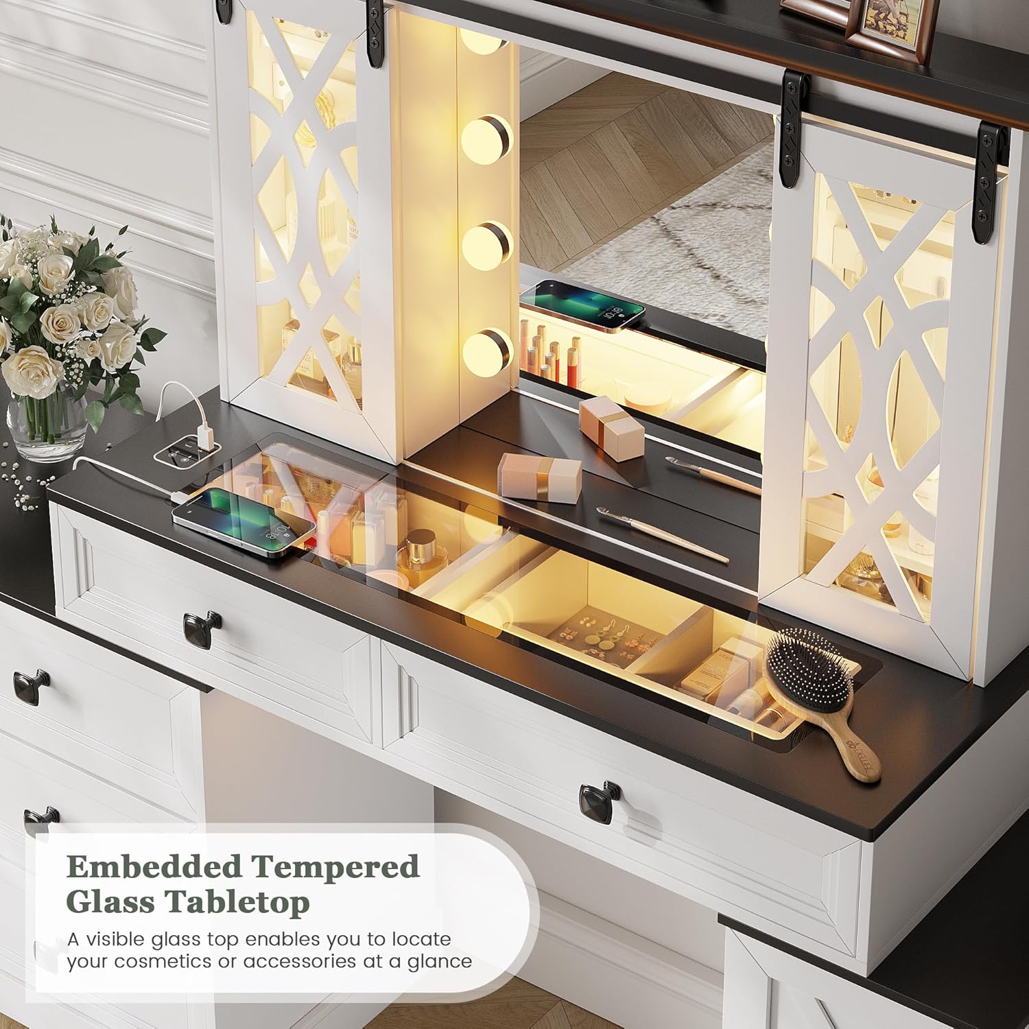 Farmhouse Makeup Vanity with Mirror & Lights, Large Vanity Desk with 5 Drawers & 9 Storage Shelves, Dressing Table with Jewelry Armoire, Vanity Gifts for Wife Girlfriends Women Lady Girl, White