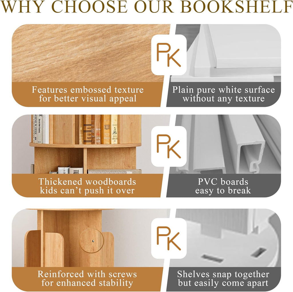 VDNEND Wooden 4 Tier Rotating Bookshelf, Spinning Bookshelf Tower,Modern Revolving Small Bookcase for Corner,Living Room,Bedroom (Natural Oak, 4-Tier)