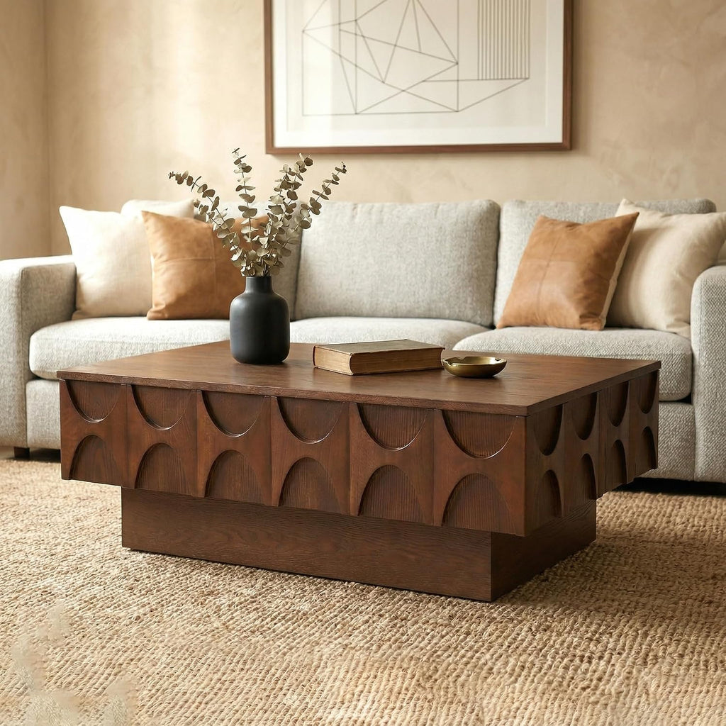 LKTART Coffee Table with Slide-Top Storage, Mid Century Modern Coffee Table with Solid Wood Veneer & Large Hidden Compartment, Wood Center Table for Living Room, Home Office, Walnut