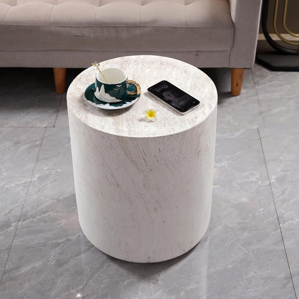 WILLIAMSPACE 15.75' Round End Table in Faux Marble, Modern Circle Drum Stone Side Table Travertine Small Coffee Table for Living Room, Outdoor, Magnesium Oxide, No Need Assembly, Light Beige
