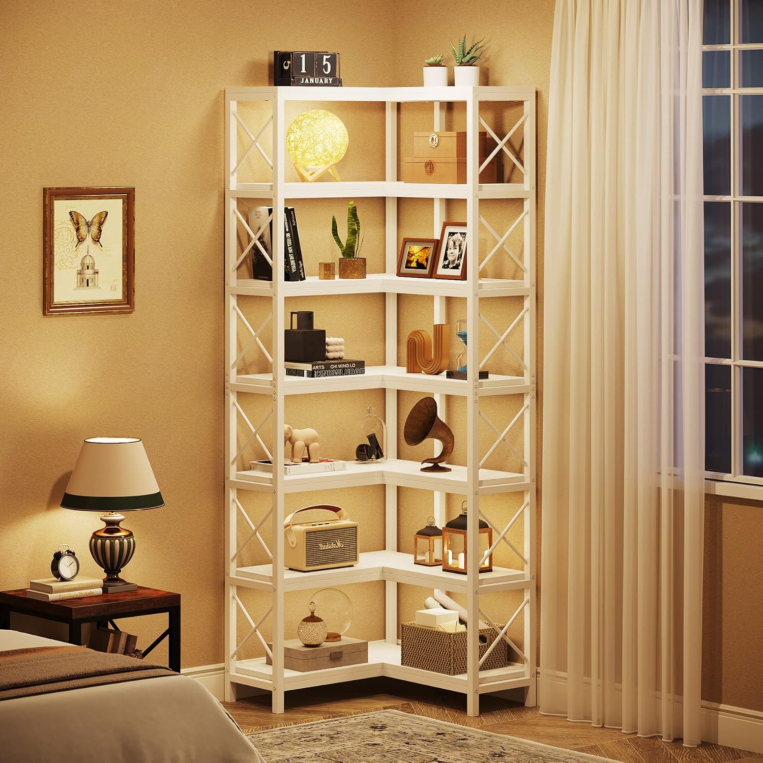 LITTLE TREE 7-Tier Tall Corner Book Shelf,White Corner Bookshelf, Modern Bookcase Metal Storage Shelves for Bedroom Living Room or Home Office