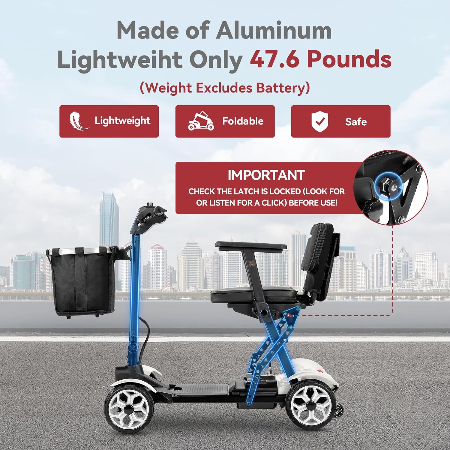 20 Miles Range Lightweight Mobility Scooter for Adults & Seniors - 47lbs Foldable 4 Wheel Travel Electric Scooter with Removable Battery, LED Lights - 300lb Capacity (White)