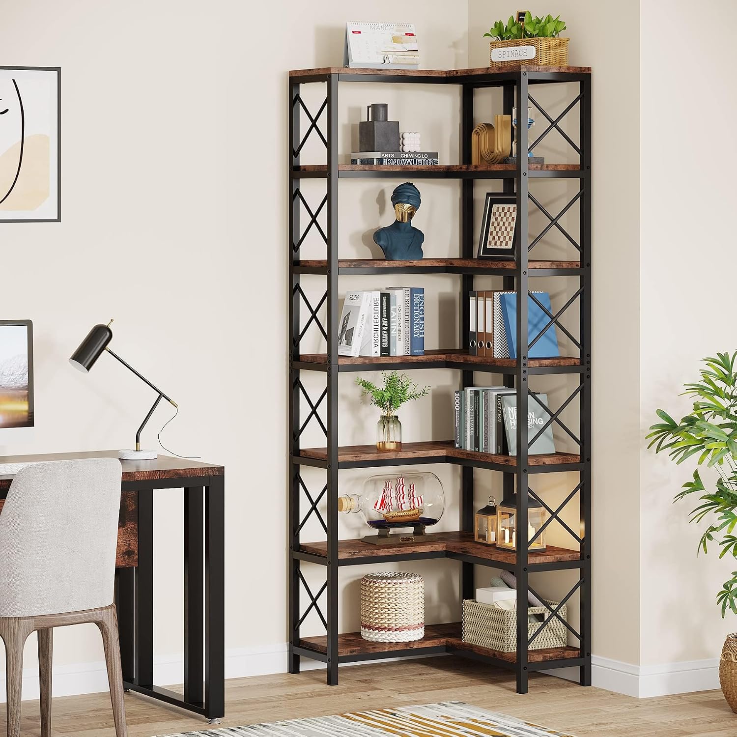 LITTLE TREE 7-Tier Tall Corner Book Shelf,Rustic Brown Corner Bookshelf, Modern Bookcase Metal Storage Shelves for Bedroom Living Room or Home Office