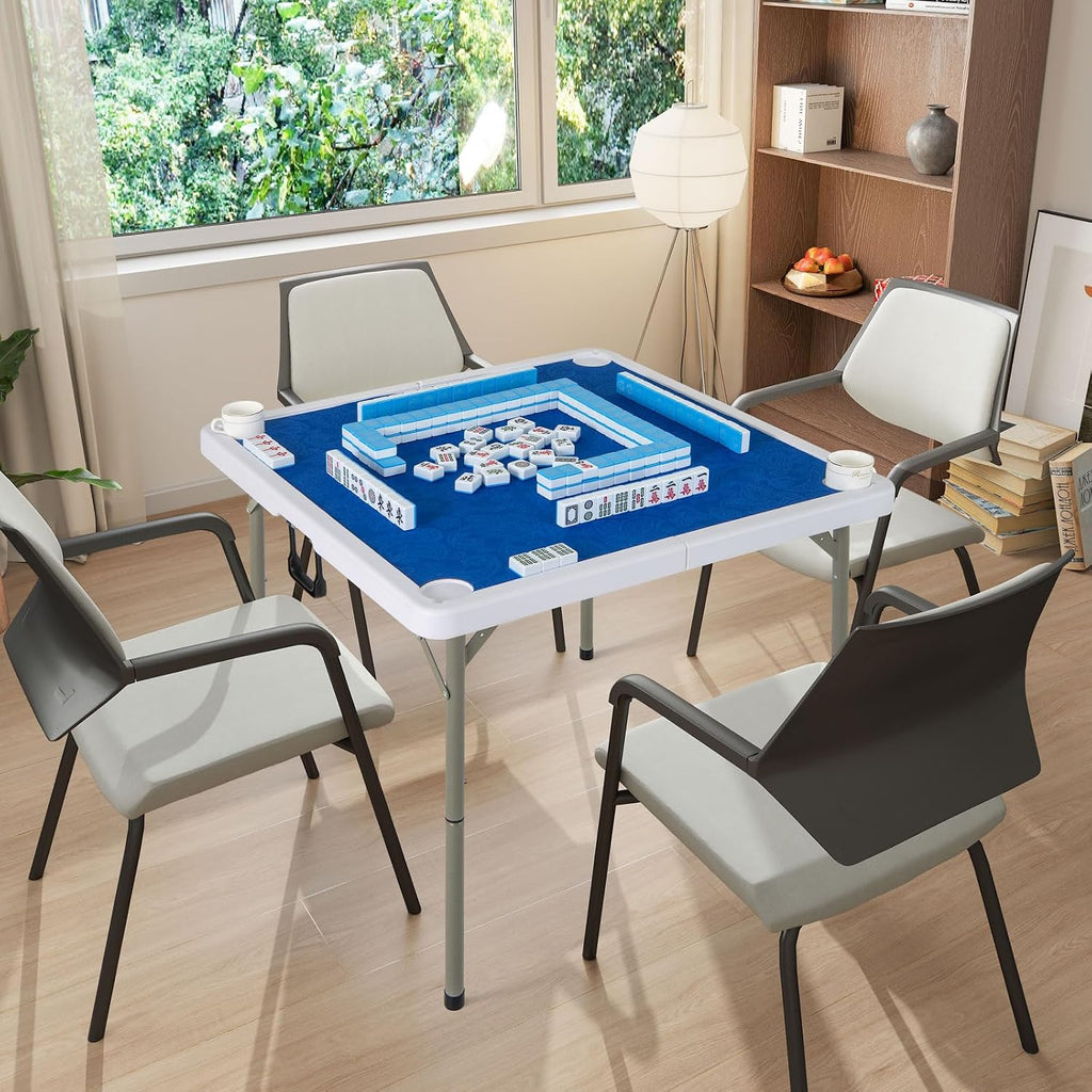 Goplus Mahjong Table, 35' Square Folding Card Table w/4Cup Holders, Anti Slip Mat, HDPE Tabletop, Metal Legs, Portable Mahjong Game Table for Domino Game, Picnic (Navy, Table w/Removable Mat)