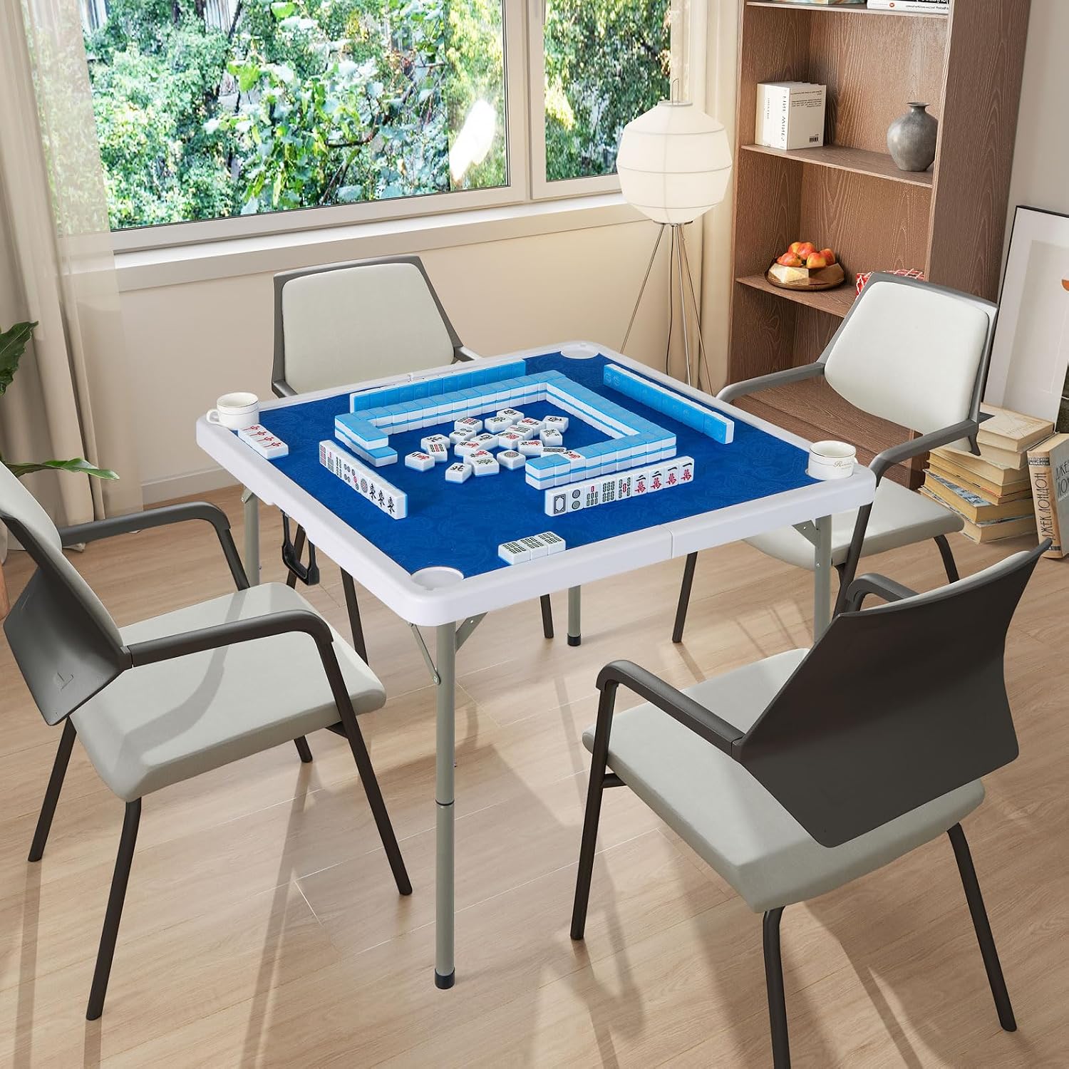 Goplus Mahjong Table, 35' Square Folding Card Table w/4Cup Holders, Anti Slip Mat, HDPE Tabletop, Metal Legs, Portable Mahjong Game Table for Domino Game, Picnic (Navy, Table w/Removable Mat)