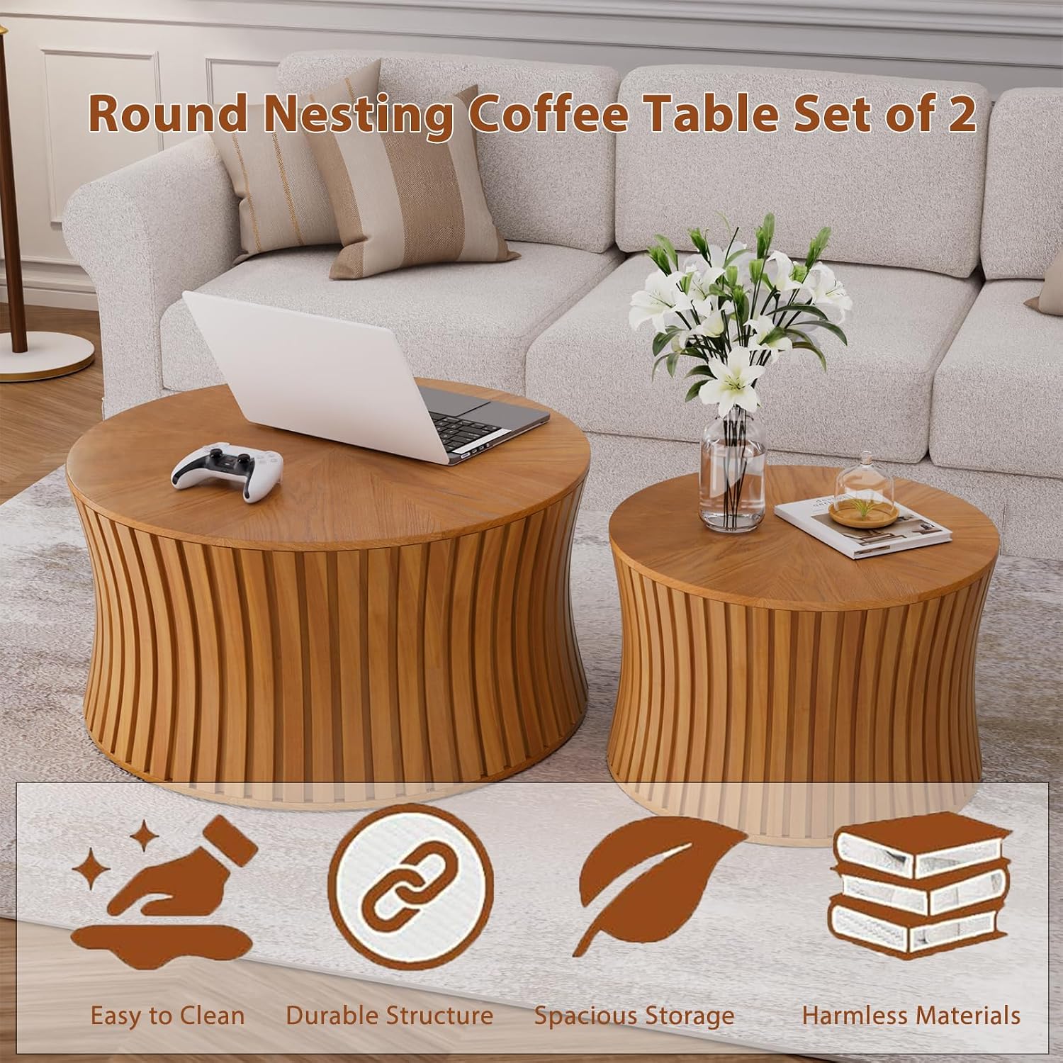 Round Wood Coffee Table Set of 2 Modern Circle Nesting Coffee Table Handcrafted Drum Nesting Table Nesting Coffee Tables for Living Room for Small Space (Brown (D26.4+D19.68 inch))