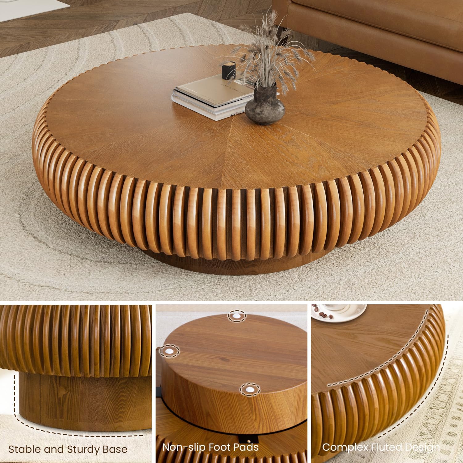 39.3' Drum Coffee Table Modern Unique Fluted Tea Table Contemporary Wood Round Coffee Table with Fluted Centry Table for Living Room Walnut (39.3' Brown)