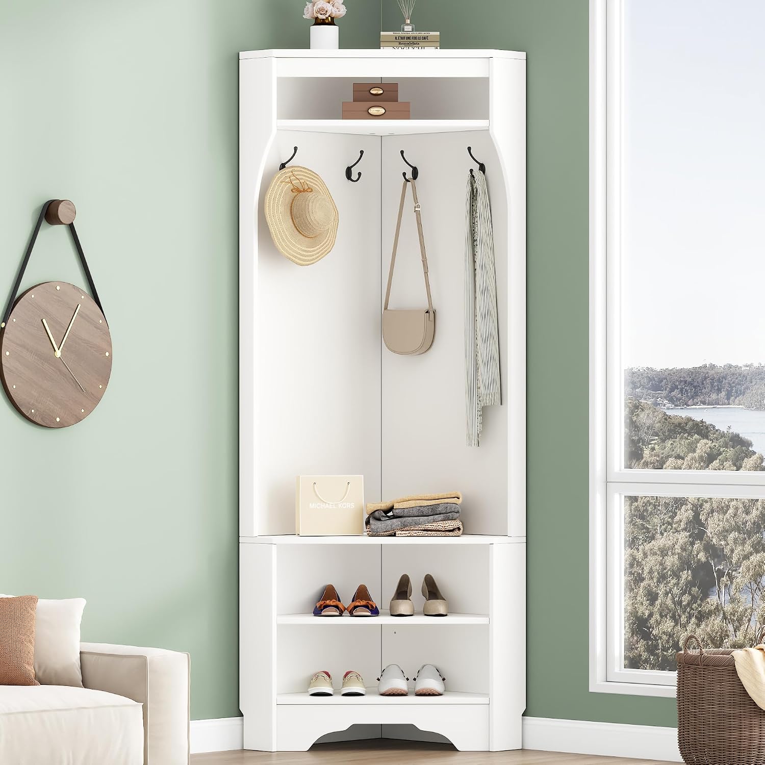 Merax Corner Hall Tree with Shoe Bench Entryway Coat Rack with 4 Metal Hooks Floor Standing Clothes Rack Shoes Shelf Organizer for Home Office Bedroom (White) 29.5''W*71.6''H