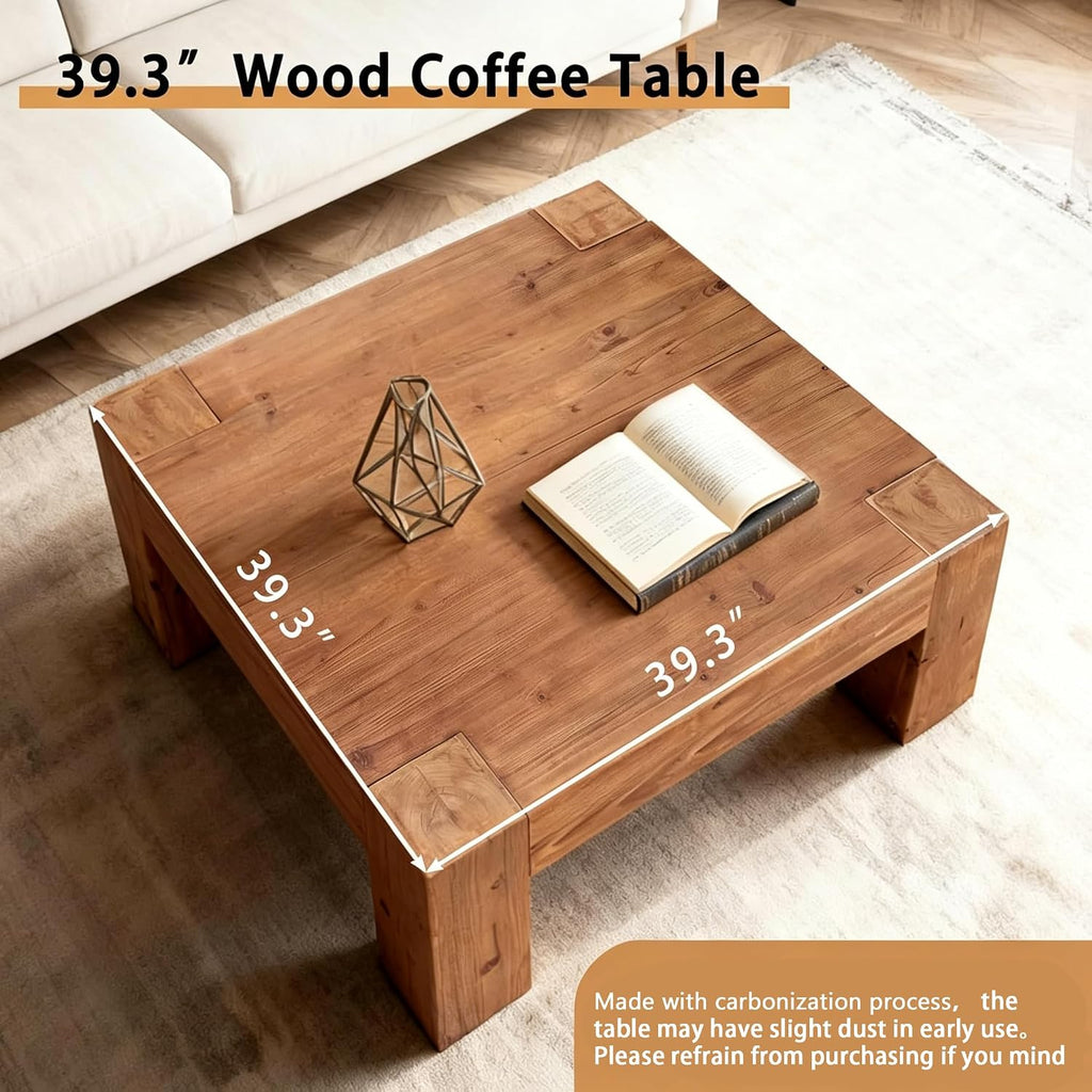 SSLine Solid Wood Coffee Table 39.4-Inch Square Coffee Table for Living Room,Farmhouse Cocktail Center Tables with Thicken Top and Sturdy Legs,Walnut