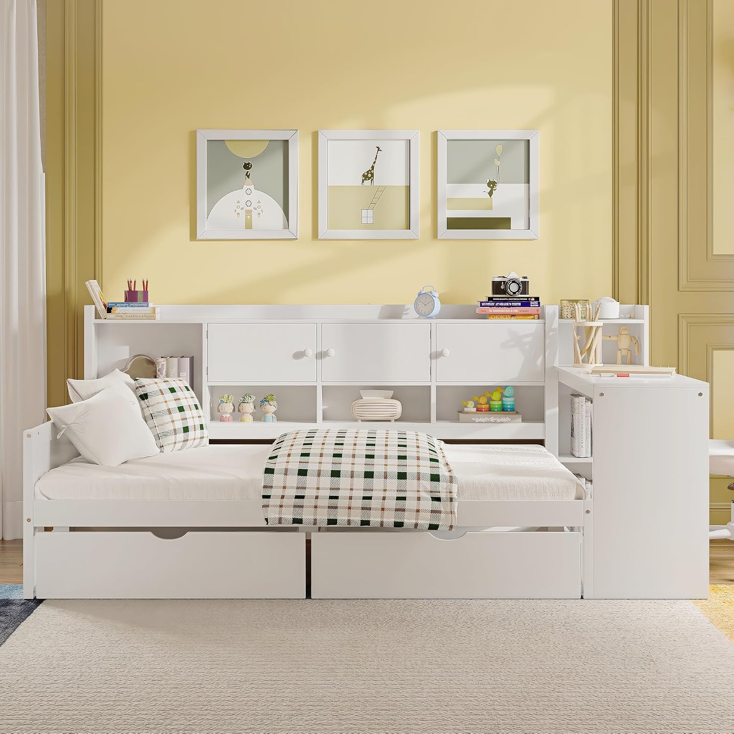 RuiSiSi Twin Size Daybed with Drawers and Shelves, Wood Corner Bed with Bookcase and Desk, L-Shape Daybed Frame with Desk for Kids Teens Adults, White