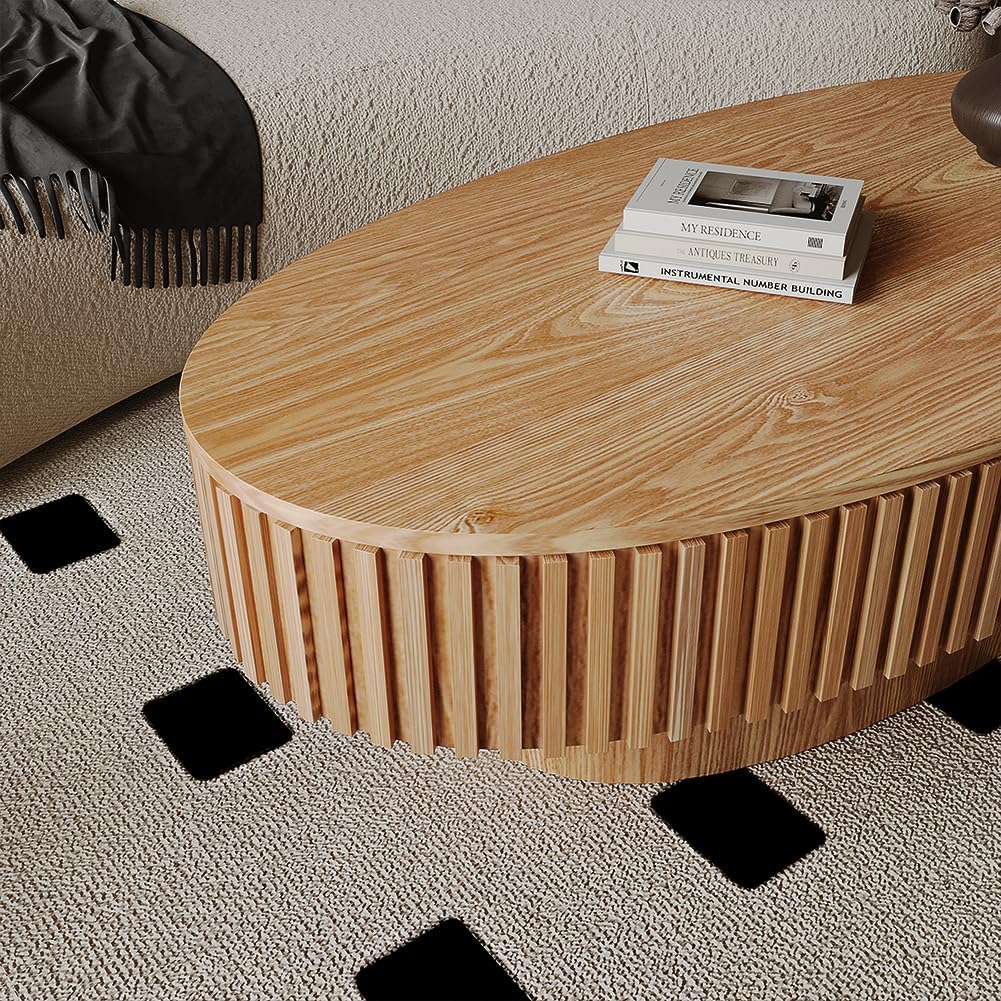47.2'' Oval Coffee Table with Storage for Living Room Modern Fluted Coffee Table with Lid Pedestal Center Tables Accent Tea Table for Apartment, Natural Wood Oak