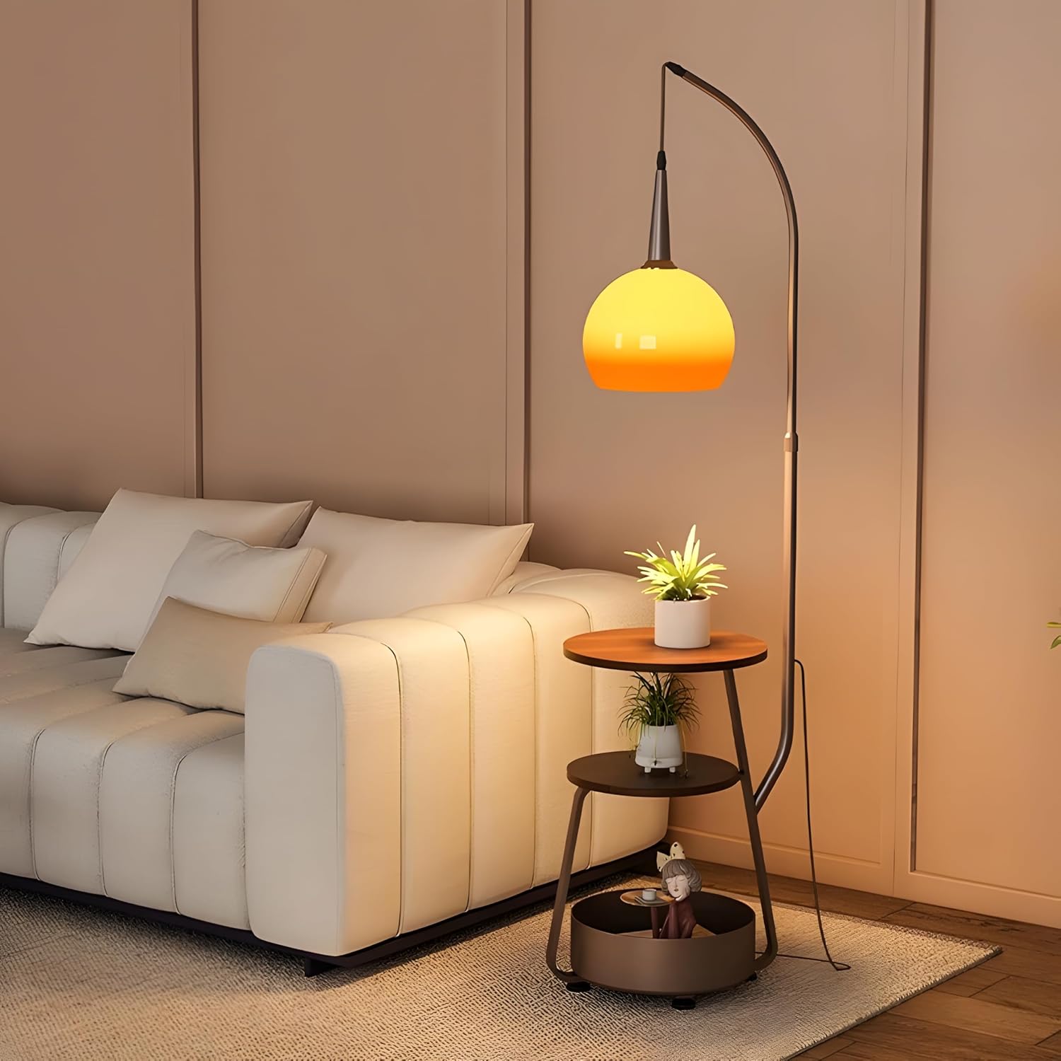 Bofea-Modern Orange Floor Lamp for Living Room,Mid Century Tall Lamps with Tea Table & Storage Bucket,Fishing Standing Lamp with Glass Lampshade,Mid Century Floor Lamp for Bedroom Corner.