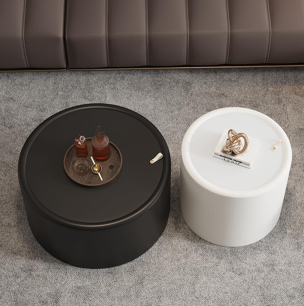 Black Round Coffee Table with Hidden Storage, 27.56' Drum Coffee Table with Tempered Glass Top and PU Leather Body, Circle Cocktail Tea Table for Living Room, No Assemble