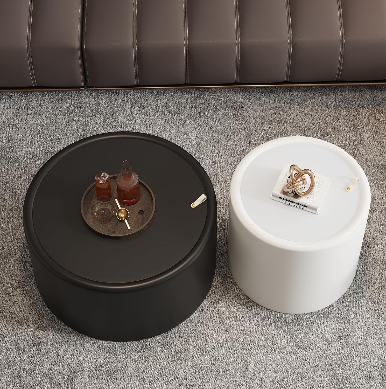 Black Round Coffee Table with Hidden Storage, 27.56' Drum Coffee Table with Tempered Glass Top and PU Leather Body, Circle Cocktail Tea Table for Living Room, No Assemble