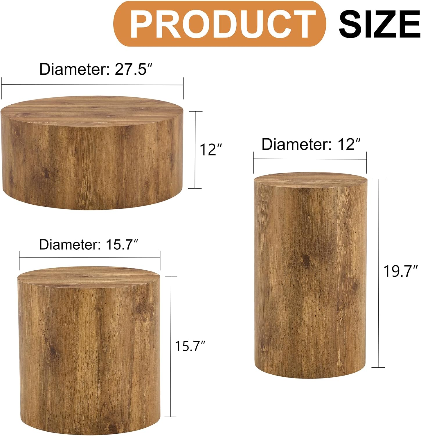 WILLIAMSPACE Round Coffee Table Set of 3 for Living Room, 3 Piece Modern Drum Circle Wood Side Tables, End Table for Apartment, Office, 27.5' + 15.7' + 12' (Wood Color)
