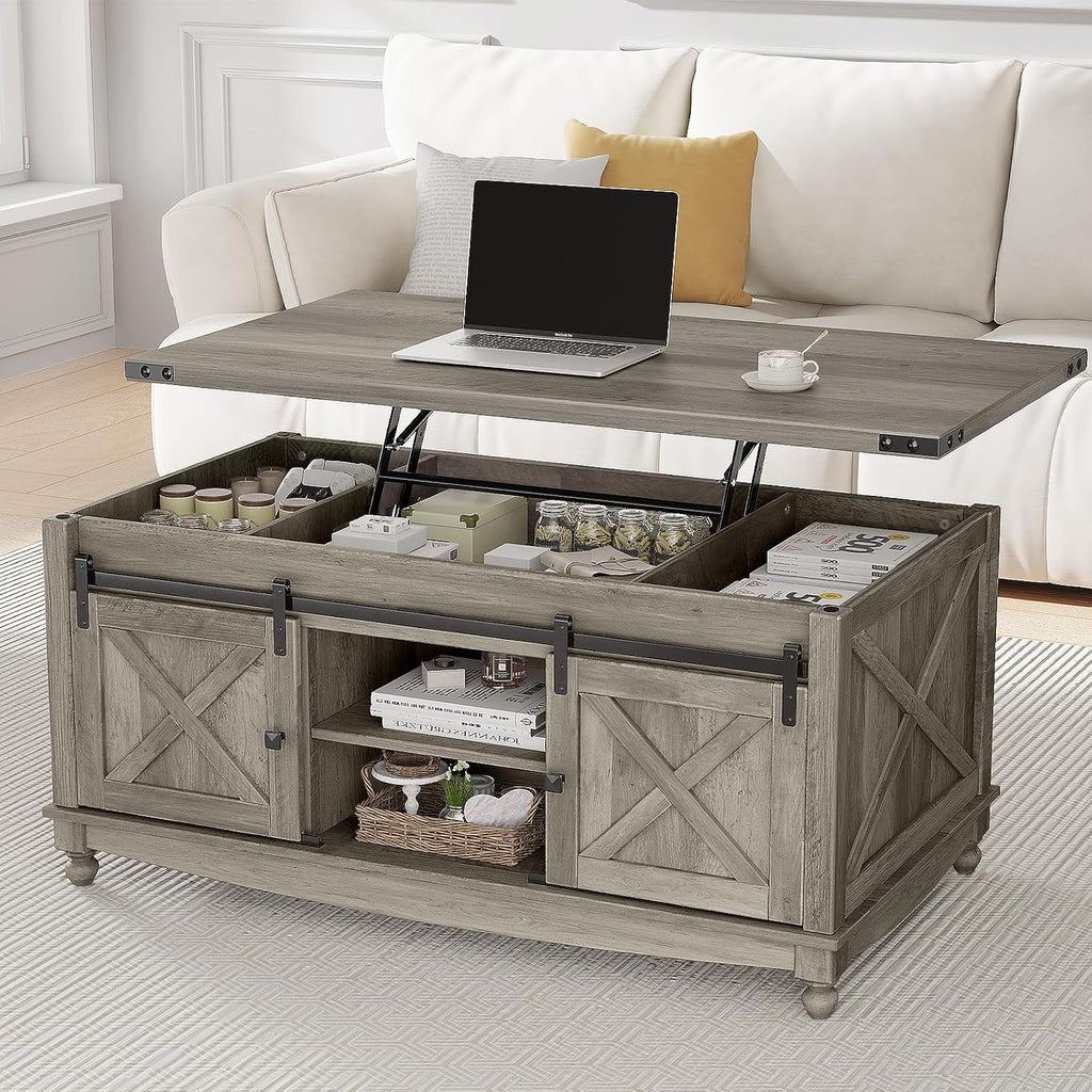 ALLSTAND 48' Farmhouse Lift Top Coffee Table with Storage Sliding Barn Door & Large Hidden Compartment, Coffee Table with Lifting Top with Wooden Lift Tabletop, Coffee Tables for Living Room, Grey