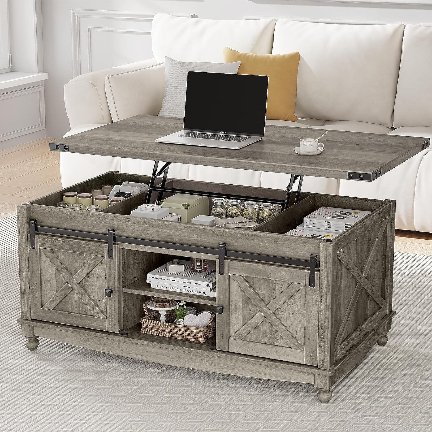 ALLSTAND 48' Farmhouse Lift Top Coffee Table with Storage Sliding Barn Door & Large Hidden Compartment, Coffee Table with Lifting Top with Wooden Lift Tabletop, Coffee Tables for Living Room, Grey