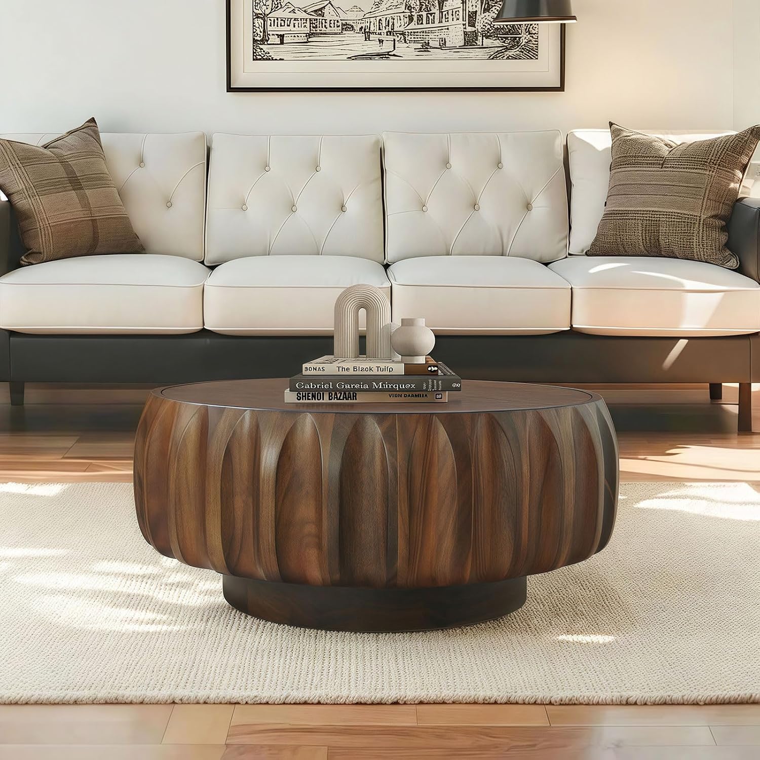 31.5'' Walnut Round Wood Coffee Table for Living Room, Modern Contemporary Circle Fluted Drum Pedestal Coffee Table, Natural Wood Grain & Easy Assembly, Walnut