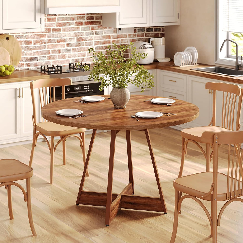 LITTLE TREE 39 Inches Round Dining Table for 2-4, Farmhouse Circle Kitchen Table for Dining Room, Wooden Dinner Table with Heavy Duty Pedestal, Small Bistro Table for Restaurant, Brown