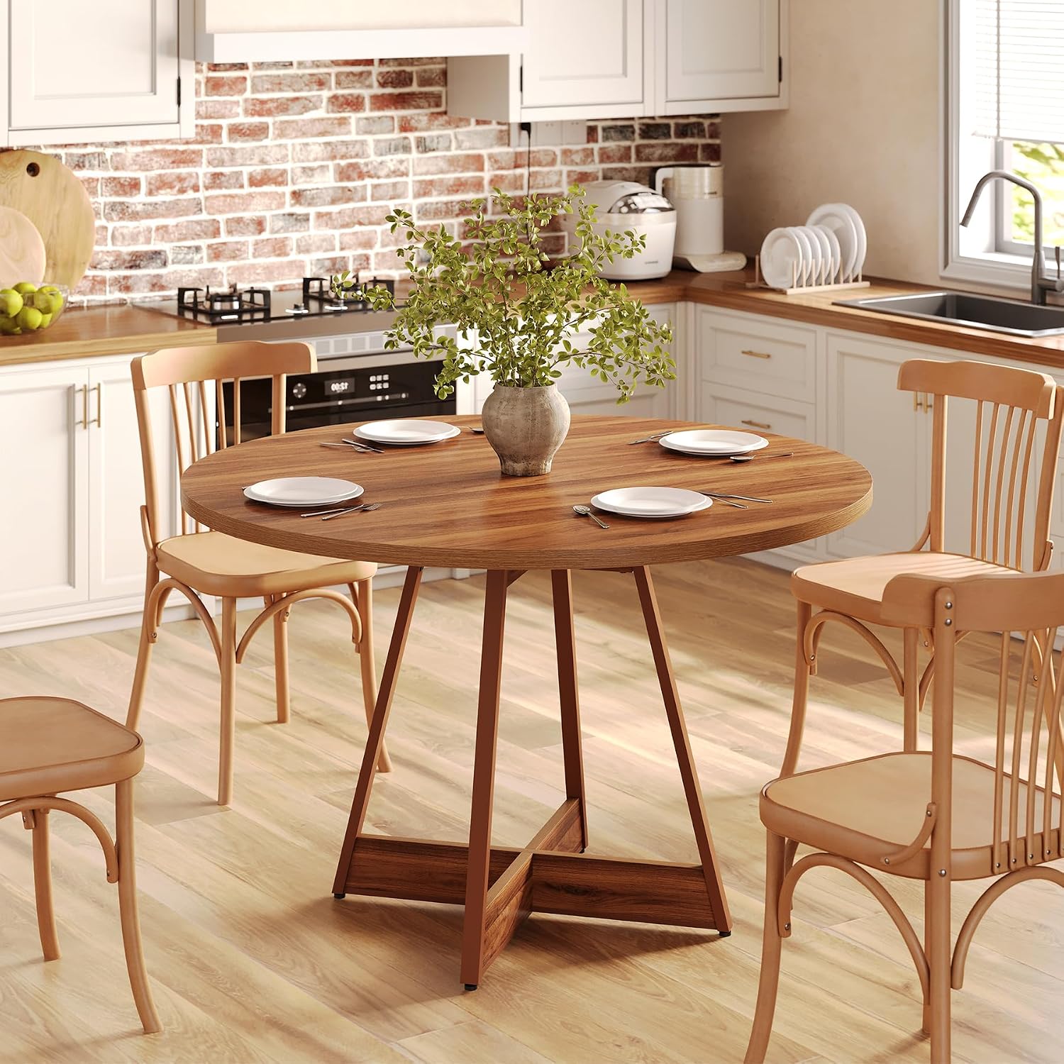 LITTLE TREE 39 Inches Round Dining Table for 2-4, Farmhouse Circle Kitchen Table for Dining Room, Wooden Dinner Table with Heavy Duty Pedestal, Small Bistro Table for Restaurant, Brown
