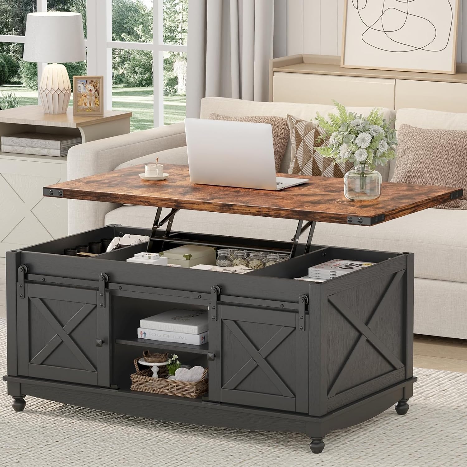 ALLSTAND 48' Farmhouse Lift Top Coffee Table with Storage Sliding Barn Door & Large Hidden Compartment, Coffee Table with Lifting Top with Wooden Lift Tabletop, Coffee Tables for Living Room, Black