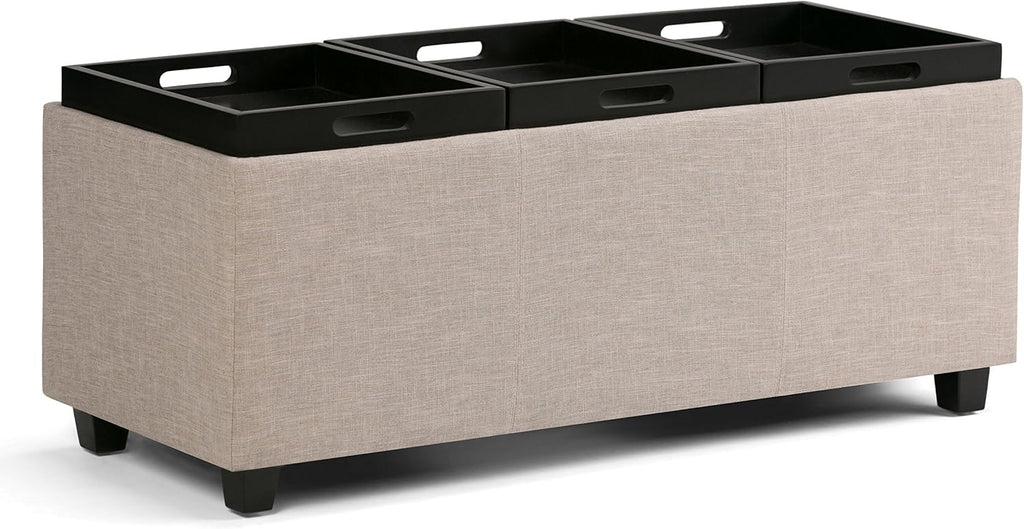 SIMPLIHOME Avalon Storage Ottoman - 42 inch Wide Upholstered Linen Look Fabric Rectangular Flip-Top Ottoman in Natural, Contemporary Coffee Table Ottoman for Living Room with Hidden Storage