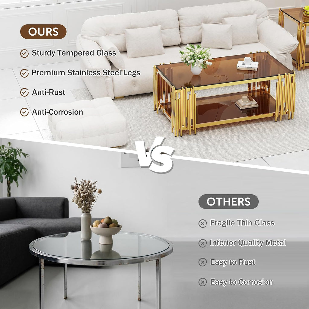 Brown Glass Coffee Table Modern Gold Living Room Table Luxury Stainless Steel Metal Leg 43' Rectangular Tempered Glass Center Tables for Home Office