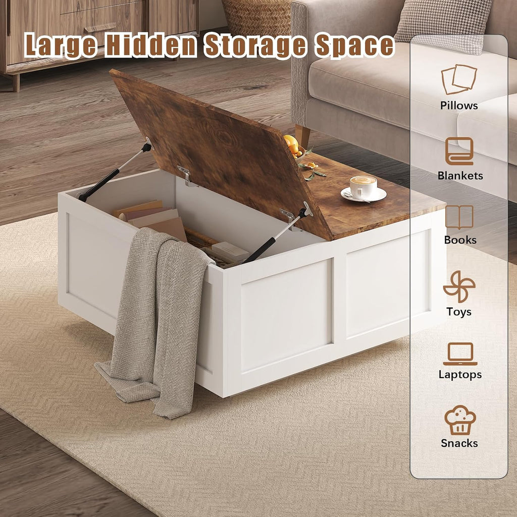 HedoAjim Lift Top Coffee Table with Storage, 31.5' Square White Coffee Table with Large Hidden Storage, Wood Living Room Table Center Table for Living Room Dining Reception Room