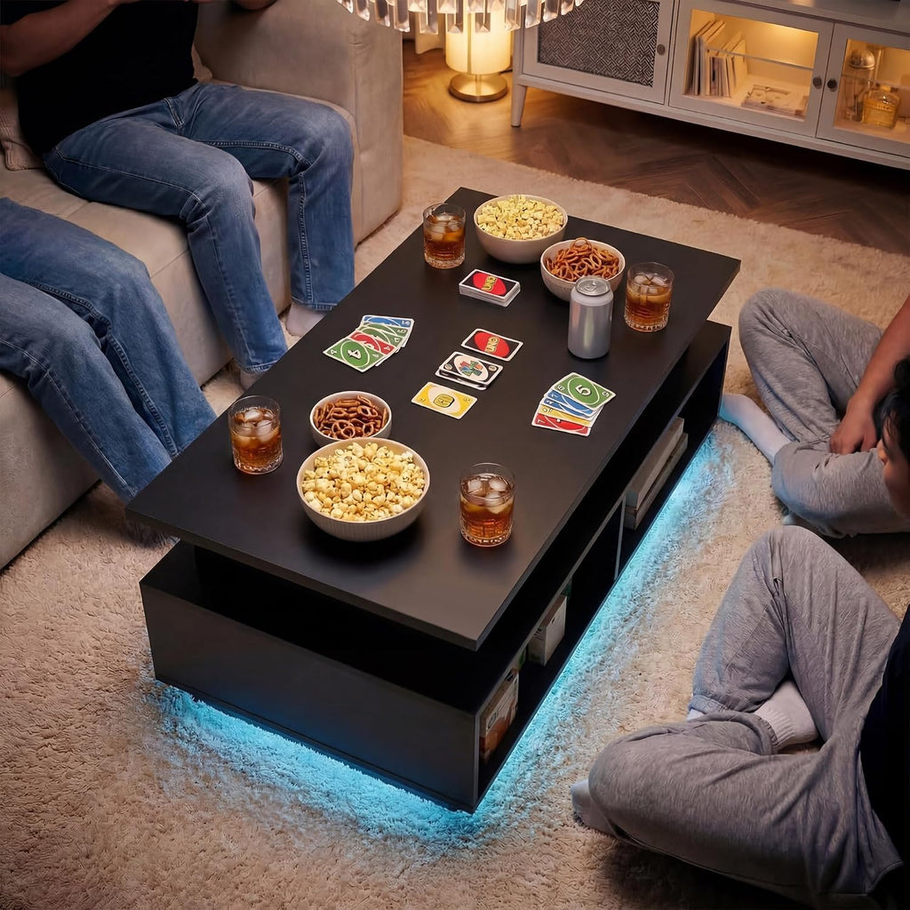 YESHOMY 40' Lift Top Coffee Table with Hidden Storage & Multi-Color LED Lights, Modern Square Wood Table with 4 Open Shelves for Living Room and Small Space, Black