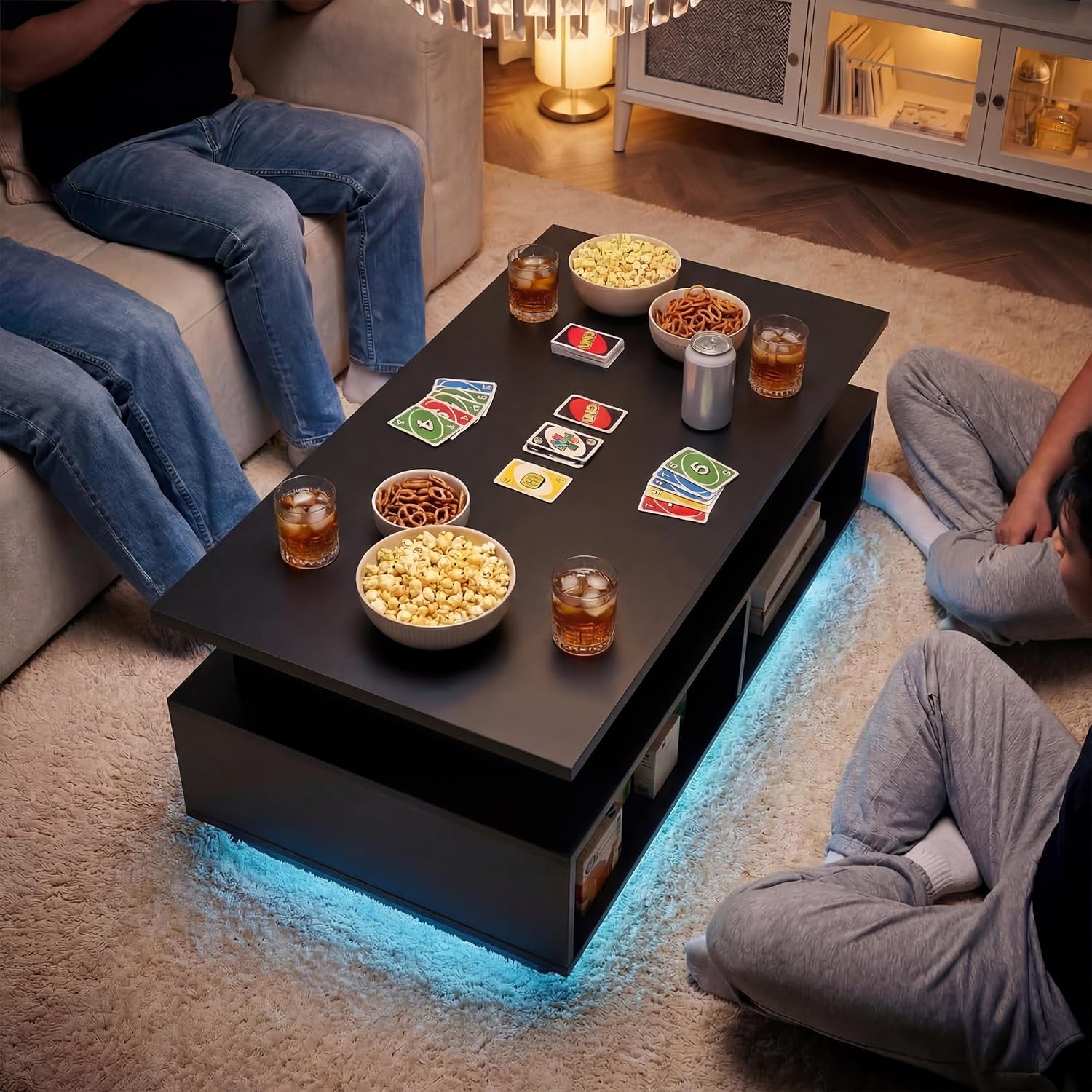 YESHOMY 40' Lift Top Coffee Table with Hidden Storage & Multi-Color LED Lights, Modern Square Wood Table with 4 Open Shelves for Living Room and Small Space, Black