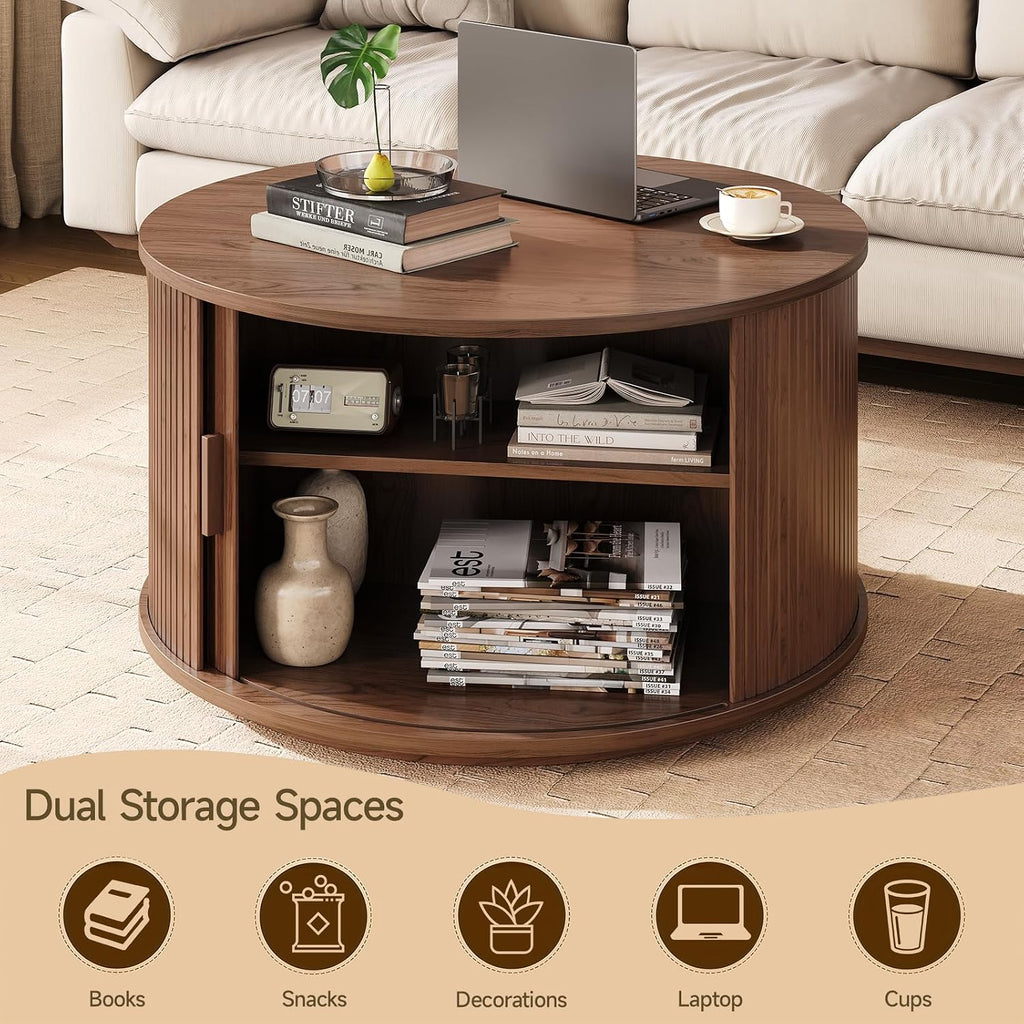 ONBRILL Round Coffee Table with Storage, 31.5' Mid Century Modern Center Table with Sliding Door & Dual Hidden Storage, Fluted Accent Coffee Table for Living Room, Small Space, Walnut
