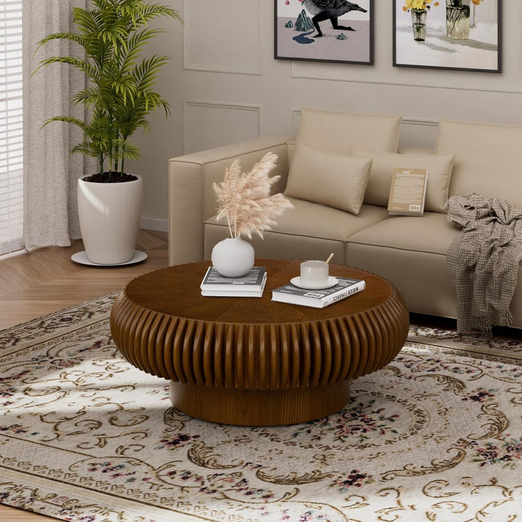 Fluted Drum Coffee Table Round Coffee Table for Living Room Mid Century Modern Coffee Tables with Sturdy Pedestal Circle Center Tea Table Accent Tea Table for Small Space Apartment (31.5' Walnut)