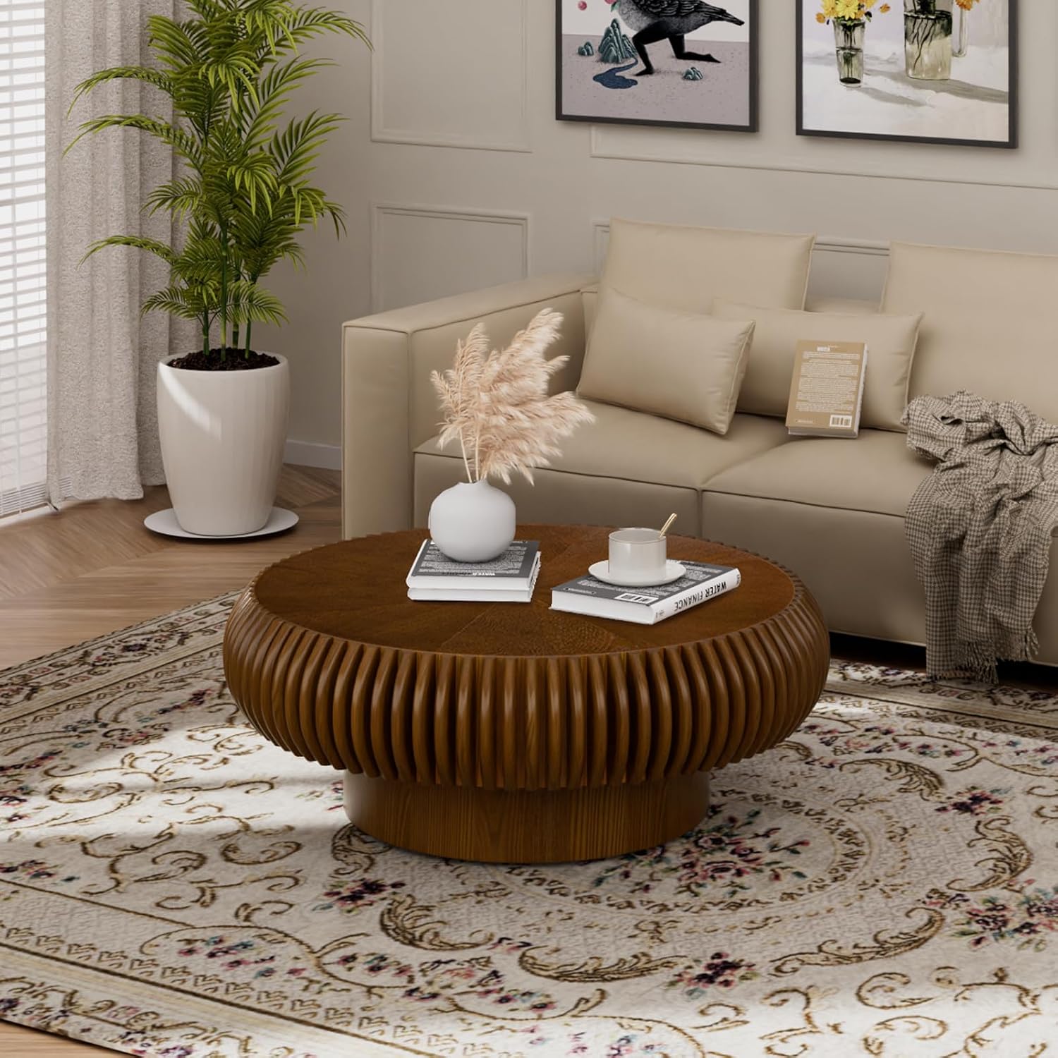 Fluted Drum Coffee Table Round Coffee Table for Living Room Mid Century Modern Coffee Tables with Sturdy Pedestal Circle Center Tea Table Accent Tea Table for Small Space Apartment (31.5' Walnut)