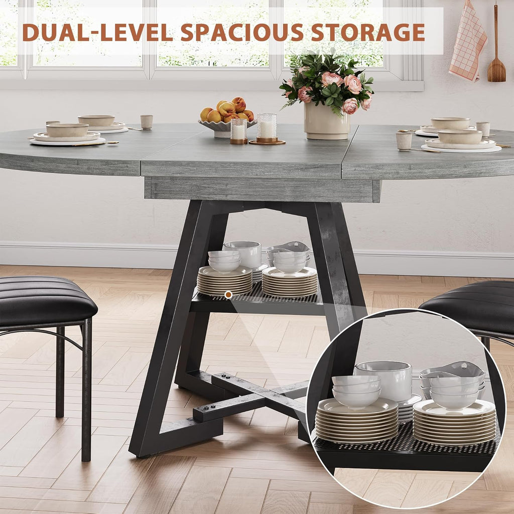 43''-57'' Extendable Round Dining Table for 4-6, Modern Industrial Kitchen Oval Dining Table with Removable Leaves, Space Saving Pedestal Base with Storage Shelf for Kitchen Living Room (Grey)