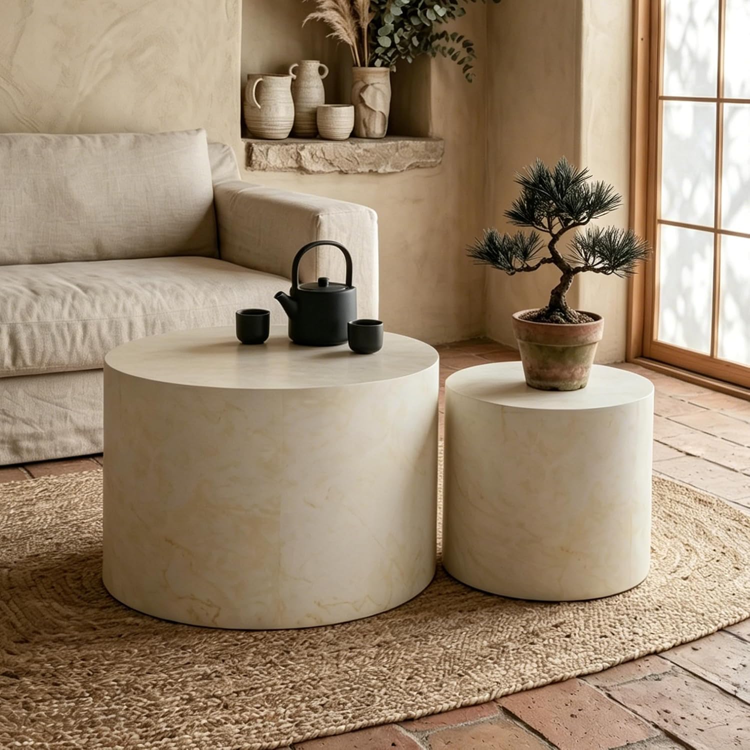 Nesting Coffee Table Set of 2, Modern Round Wooden Coffee Tables, Accent End Side Table for Small Space Living Room,Beige