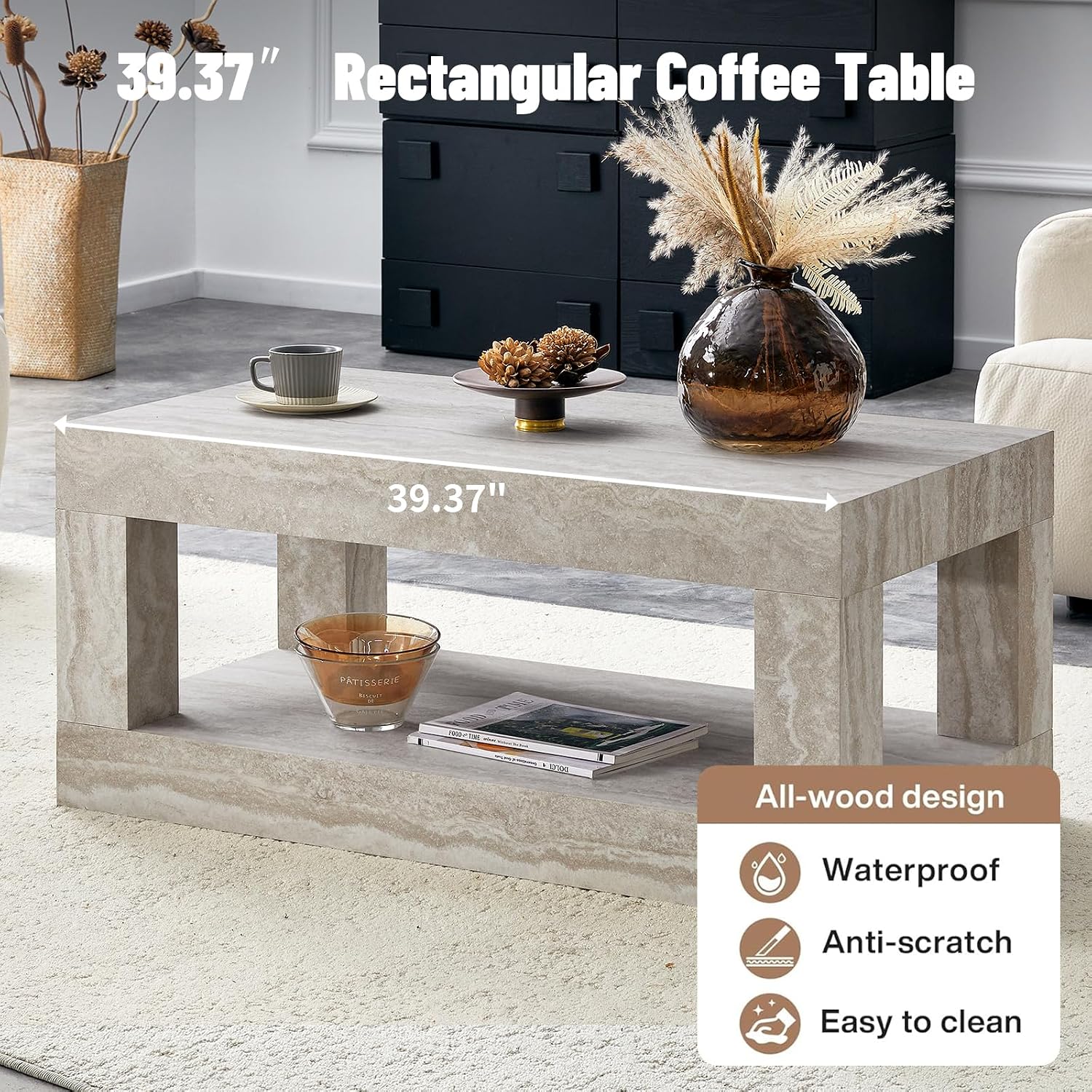 LKTART 39.37' Faux Travertine Stone Coffee Table with Storage, 2-Tier Mid Century Rectangular Accent Table with Thick Tabletop, Rustic Style Cocktail, Center Table for Living Room, Office(Beige)