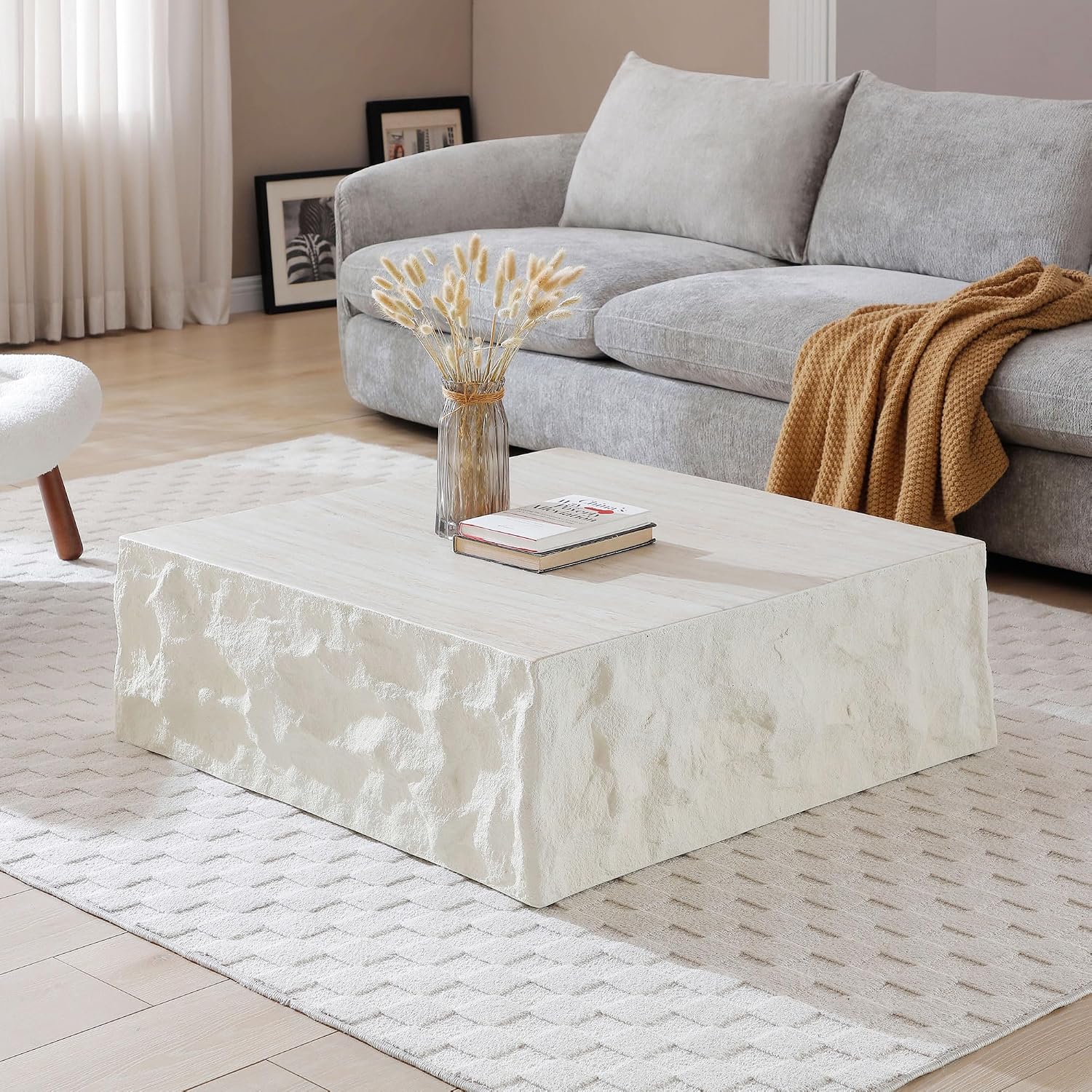 WILLIAMSPACE 35.4' Square Coffee Table Center Table for Living Room, Modern Drum Coffee Table with Imitation Stone Table for Apartment, No Need Assembly, Fiberglass (Beige Cement Stone Pattern)